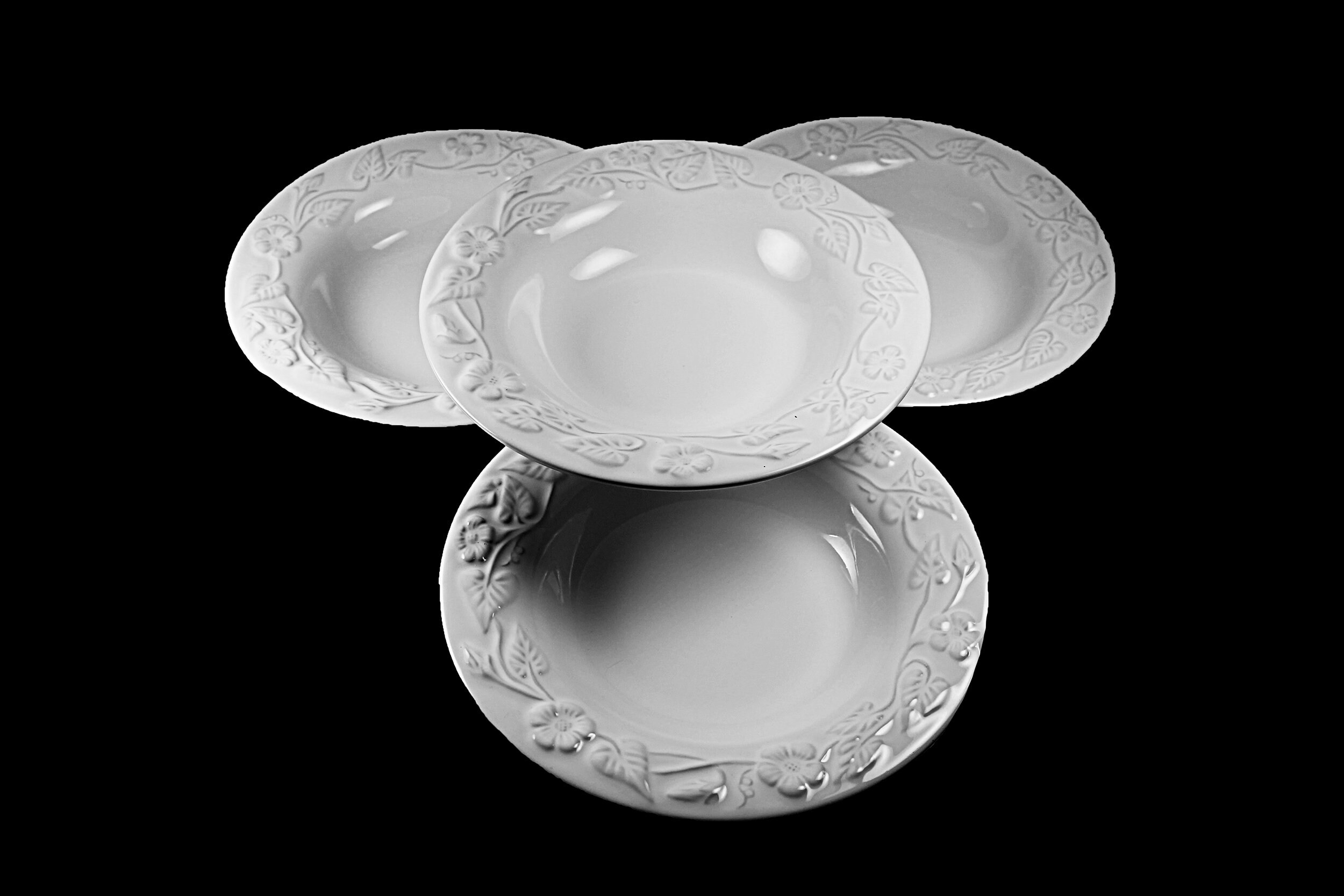 White Embossed Pasta Bowls, Portugal, Set of 4, Soup Bowls