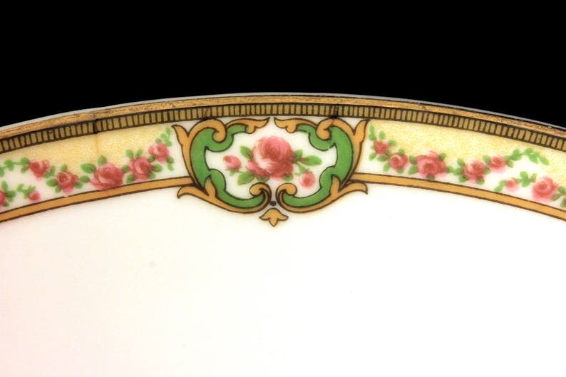 May include: Close-up of the rim of a white porcelain plate with a gold and green floral design. The design features pink roses and green leaves.