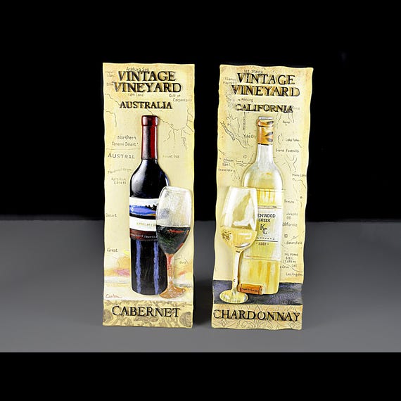 Set of 2 Vintage Vineyard Wall Plaques - California Chardonnay and Australia Cabernet Wine Decor, Wine Bottle and Grapes Wall Art
