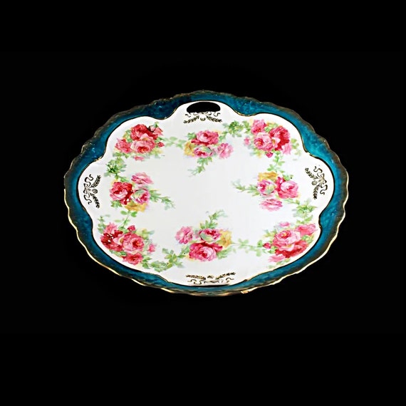 Antique Cake Plate, Three Crown China, Germany, Pink Roses, Gold Trimmed,  circa. 1909 -  1916, Green and White, Display Plate