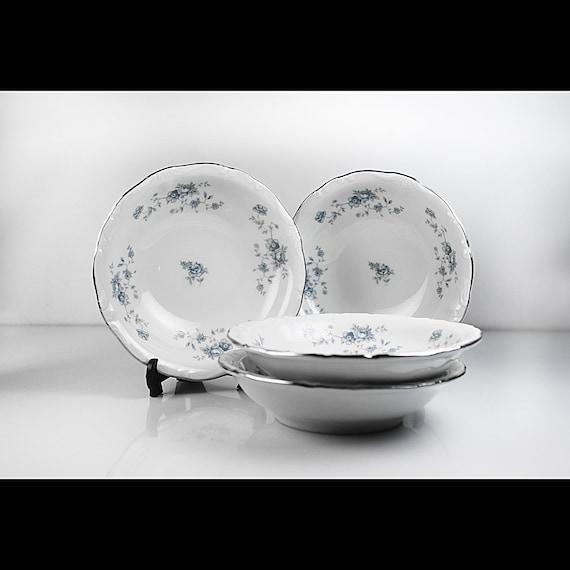 Johann Haviland Blue Garland Fruit Bowls, 5-Inch Bavaria Germany Porcelain, Set of 4, Blue Floral Dishware with Platinum Trim