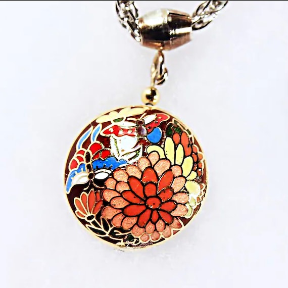 Cloisonne Pendant Necklace, Double Sided Pendant, Butterflies, Floral, Enamel, Jewelry, Costume Jewelry, Fashion Jewelry, Collectible