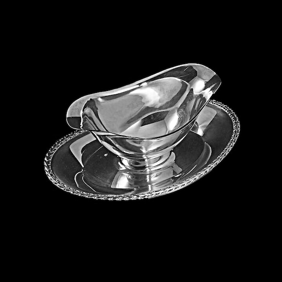 Silver Plated Gravy Boat, Attached Underplate, Ornate Edged, Sauce Boat