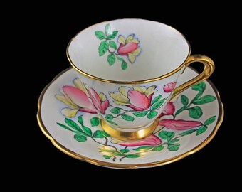 Teacup and Saucer, Tuscan Fine English Bone China, Hand Painted Floral Pattern, Pink and Yellow Flowers,