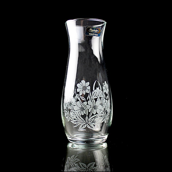 Crystal Etched Vase, Pasabache Glass, Etched Floral, Made In Turkey, Giftware