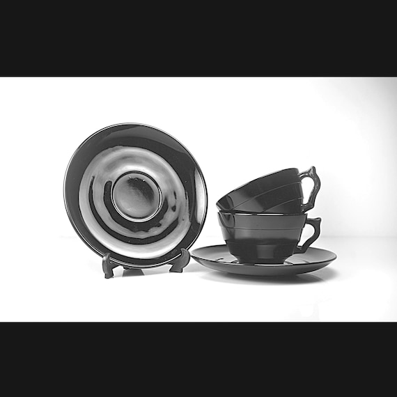Art Deco Black Glass Cup & Saucer - 1930s–50s - Set of 2 - Maker Unknown