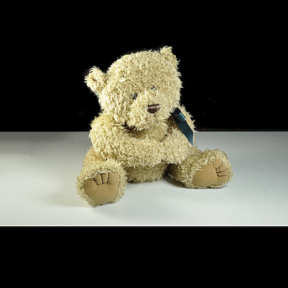 Vintage 1990s Teddy Bear, Curly Plush Bear with Teal Ribbon, 9 Inch Stuffed Animal