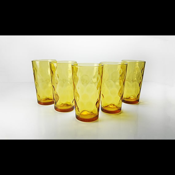 Hazel Atlas Eldorado Gold Tumblers - 1960s Set of 5 - Retro Yellow Tumblers - 10 Ounce