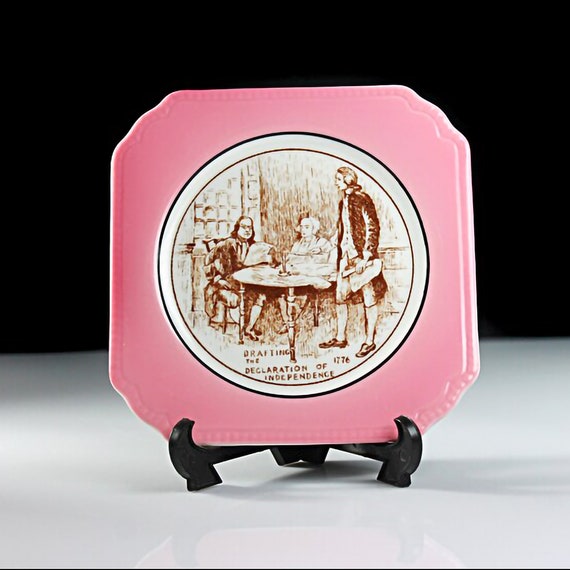 Syracuse China History Coaster, O. P. Co., Square, Declaration of Independence, Pink and White, Decorative Plate, Display Plate