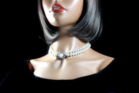 Jarin Faux Pearl Necklace, Double Strand, Faux Pear and Clear Rhinestone Box Clasp, Costume Jewelry, Wedding, Woman's Gift