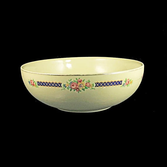 Salad Serving Bowl, Halls Kitchenware, Blue Bouquet Platinum, Made in the USA, Light Yellow