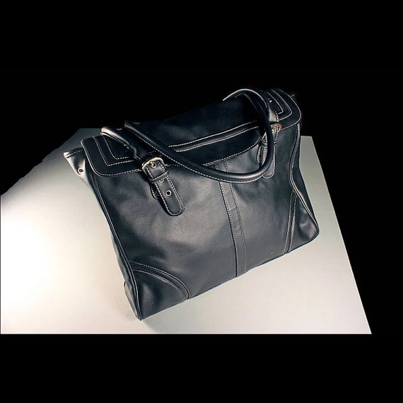 Black Tote Bag, Handbag, Shoulder, Faux Leather, Zippered Side Compartment, Large Bag, Faux Leather, Phone Pocket, Carry All, Silver Buckles