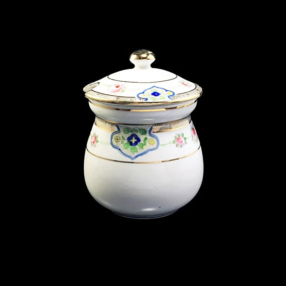 Antique Nippon Jam Jar, Condiment Jar, Porcelain,  Pink Rose Pattern, Relish Jar, Sauce Jar, Mustard Jar, Gold Trimmed