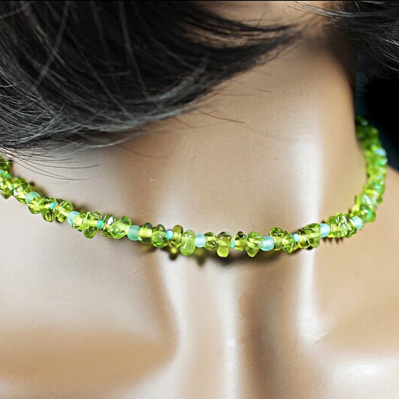 Peridot Droplet Chip Necklace, Baked Beads, Blue Bead Spacers, Jewelry, Woman's Gift