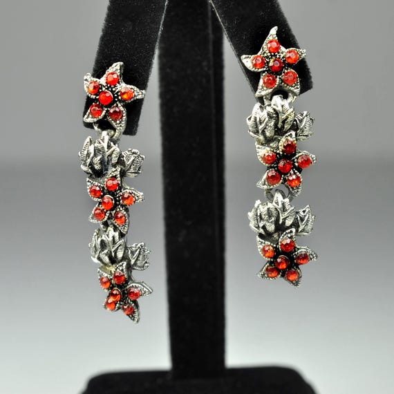 Vintage Red Rhinestone Dangle Earrings, Botanical Leaf Drop, Statement Jewelry