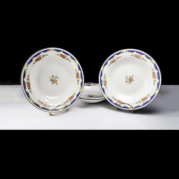 Rim Soup Bowls, Homer Laughlin, Eggshell Nautilus, Blue Band with Flowers, Set of 4, Gold Trim, Dinnerware
