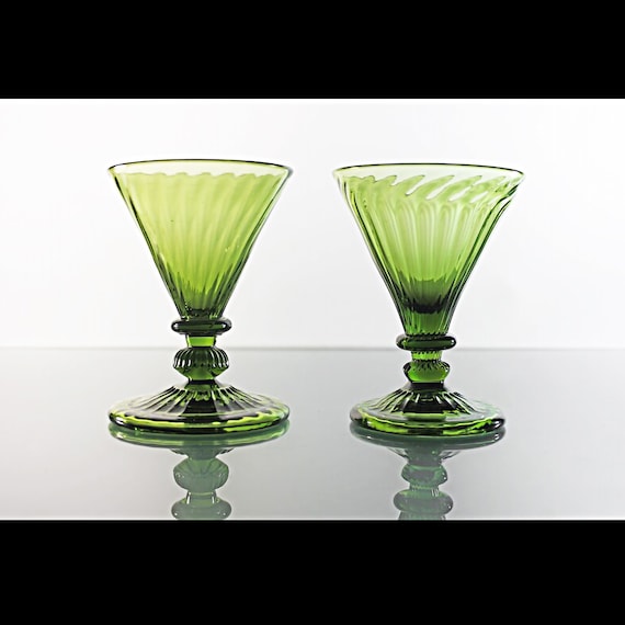 Antique Pedestal Dessert Bowls, Hand Blown Glass, Green, Candy Dishes, Set of 2