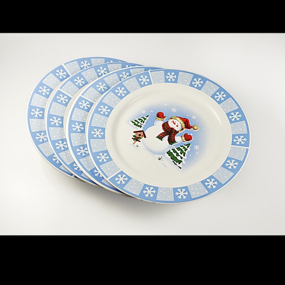 Salad Plates, Merry Brite, Set of 4, Snowman, Winter and Holiday Decor, Dessert Plates