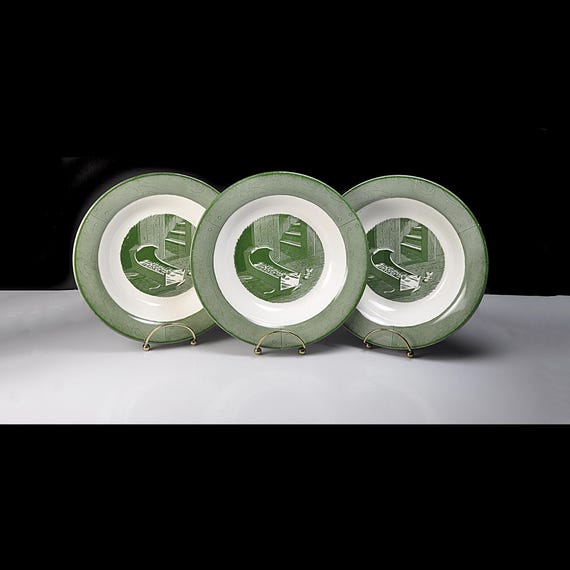 Vintage Royal China Colonial Homestead Green Soup Bowls, Set 3, Mid Century Transferware
