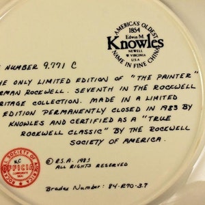 1983 Knowles Collector Plate, Norman Rockwell, The Painter, Limited Edition, Numbered Plate, Wall Decor, Decorative Plate image 6