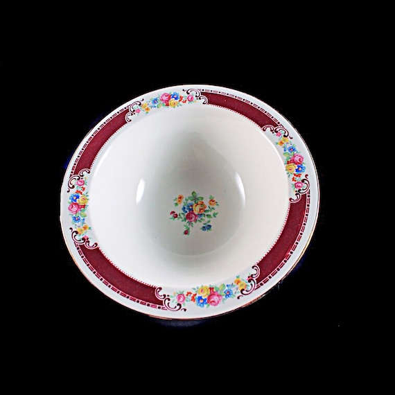 Vegetable Bowl, Homer Laughlin, Majestic, Brittany Shape, Multicolor Floral, Burgundy Band