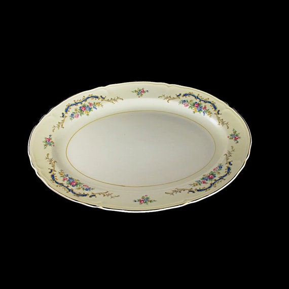 Oval Platter, Edwin Knowles, Princess Pattern, Blue Scroll, Multicolor Flowers, Gold Trimmed, 15 Inch