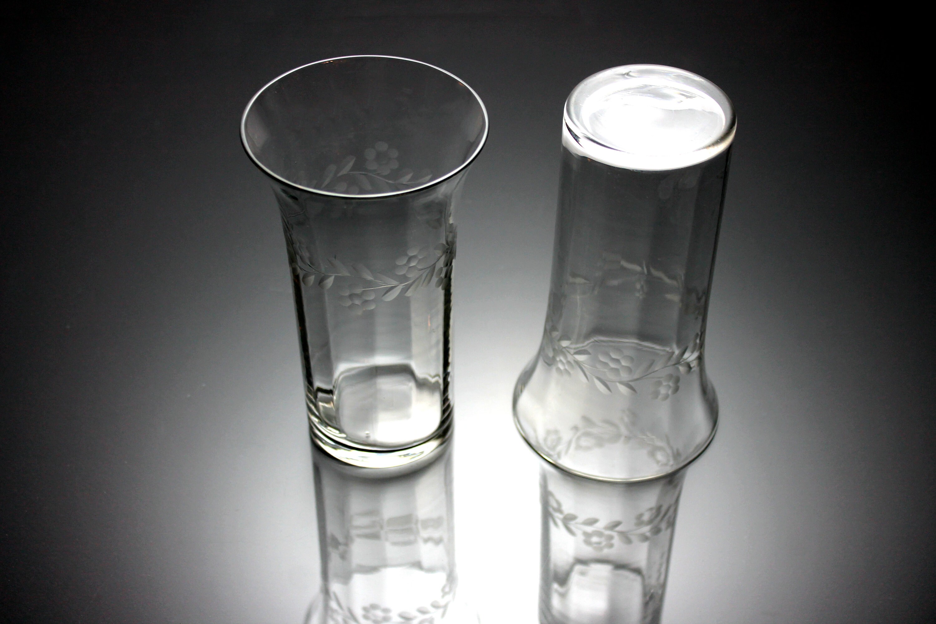 Etched Glass Tumblers, Paneled Optic, Drinking Glasses, Floral Pattern