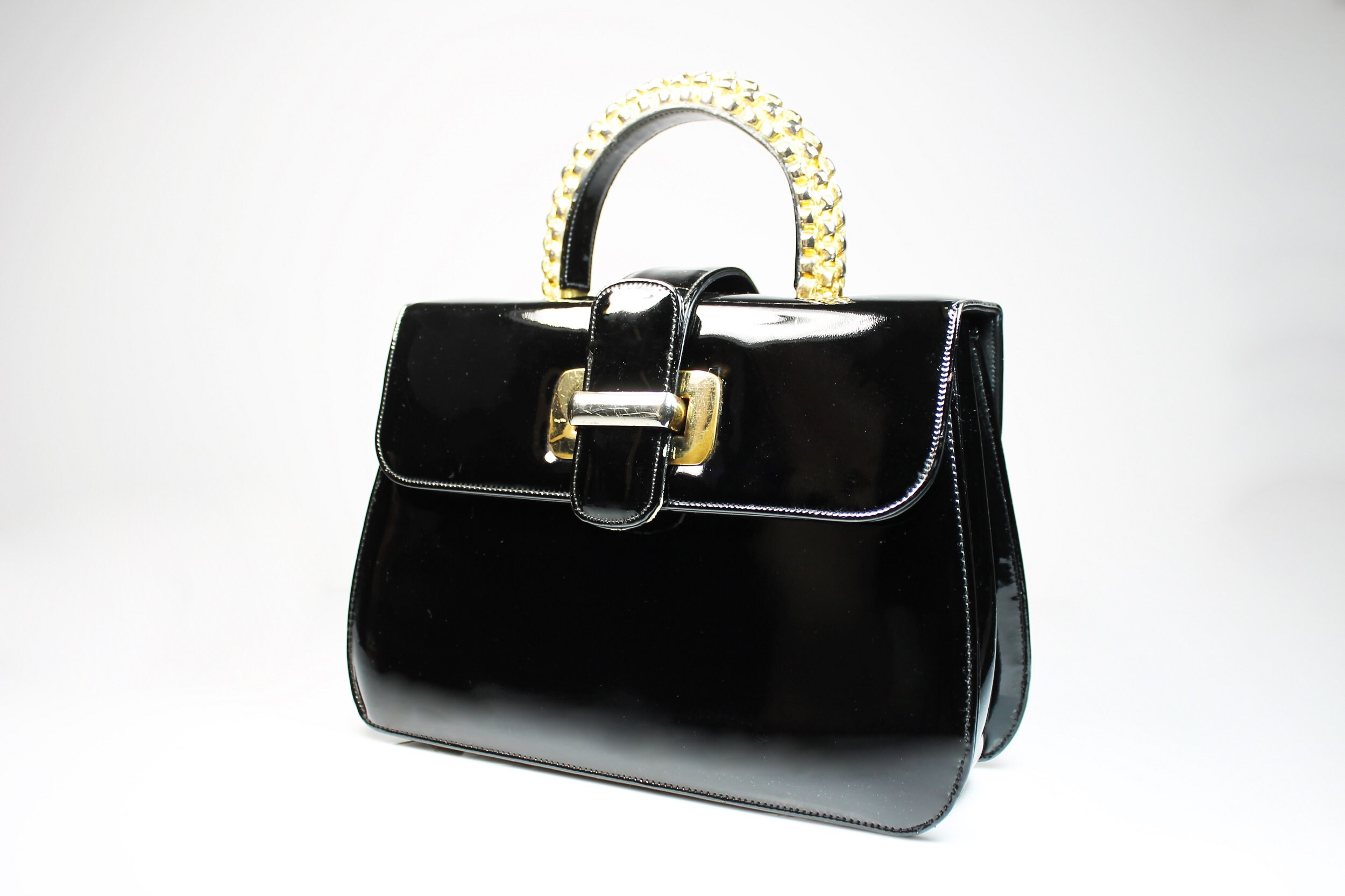 Milch Black Handbag, Patent Leather, Gold Top Handle, Dress Bag, Retro ...