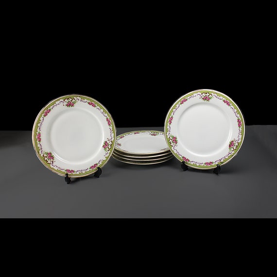 Antique Bread and Butter Plates, Union T China Company, Czechoslovakia, Green Floral Band, Set of 6, Roll Plates, Bun Plates