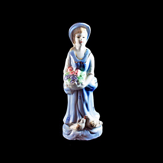 Porcelain Figurine, Girl With Flowers and Birds, Blue and White, Gold Trimmed, Long Blue Dress