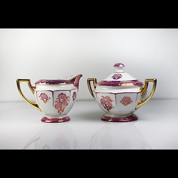 Antique Sugar Bowl and Creamer, PALT Czechoslovakia, Lusterware, Purple Bands and Florals, Gold Trimmed