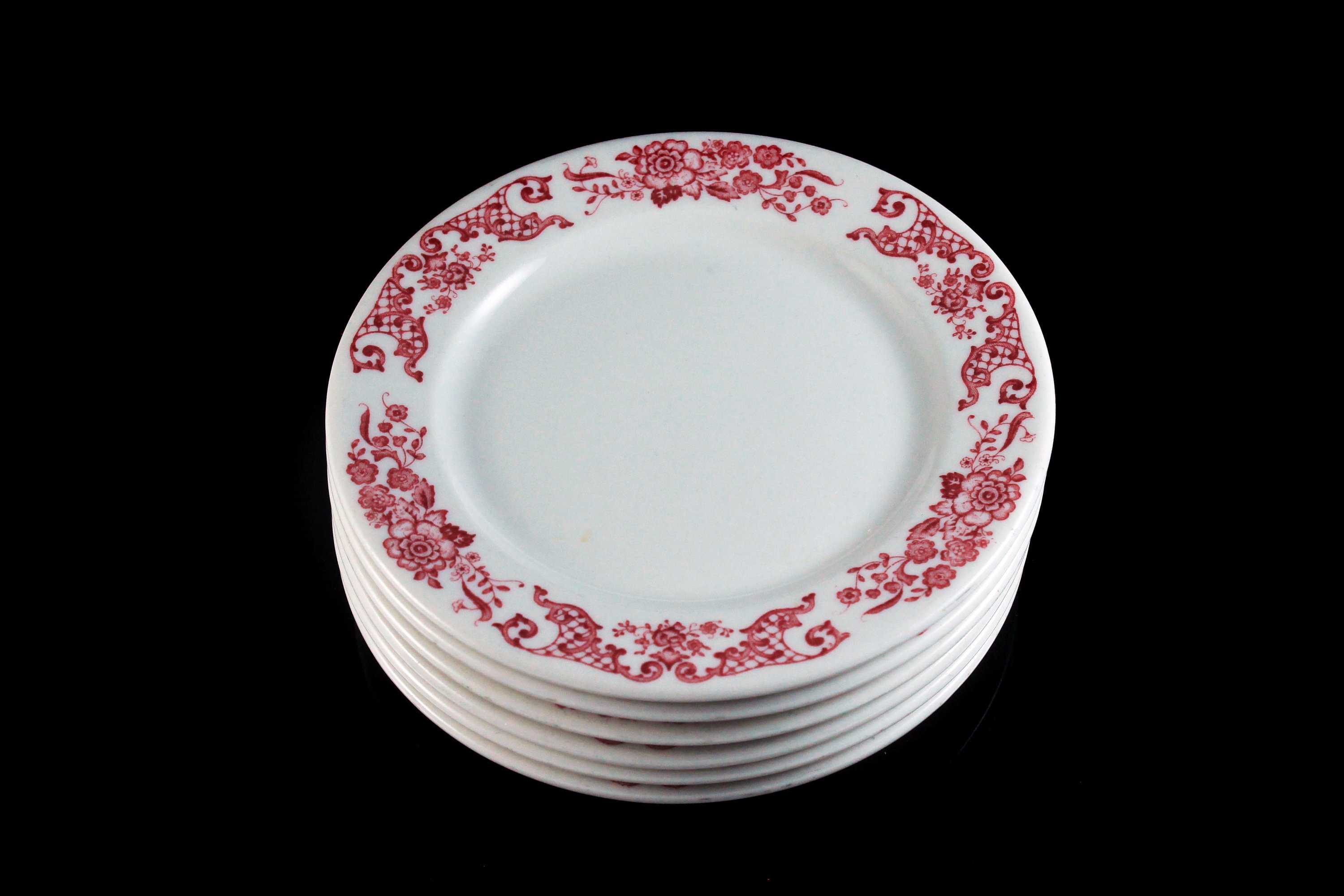 Salad Plates, Syracuse China, Restaurant Grade, Red Floral, Set of 6