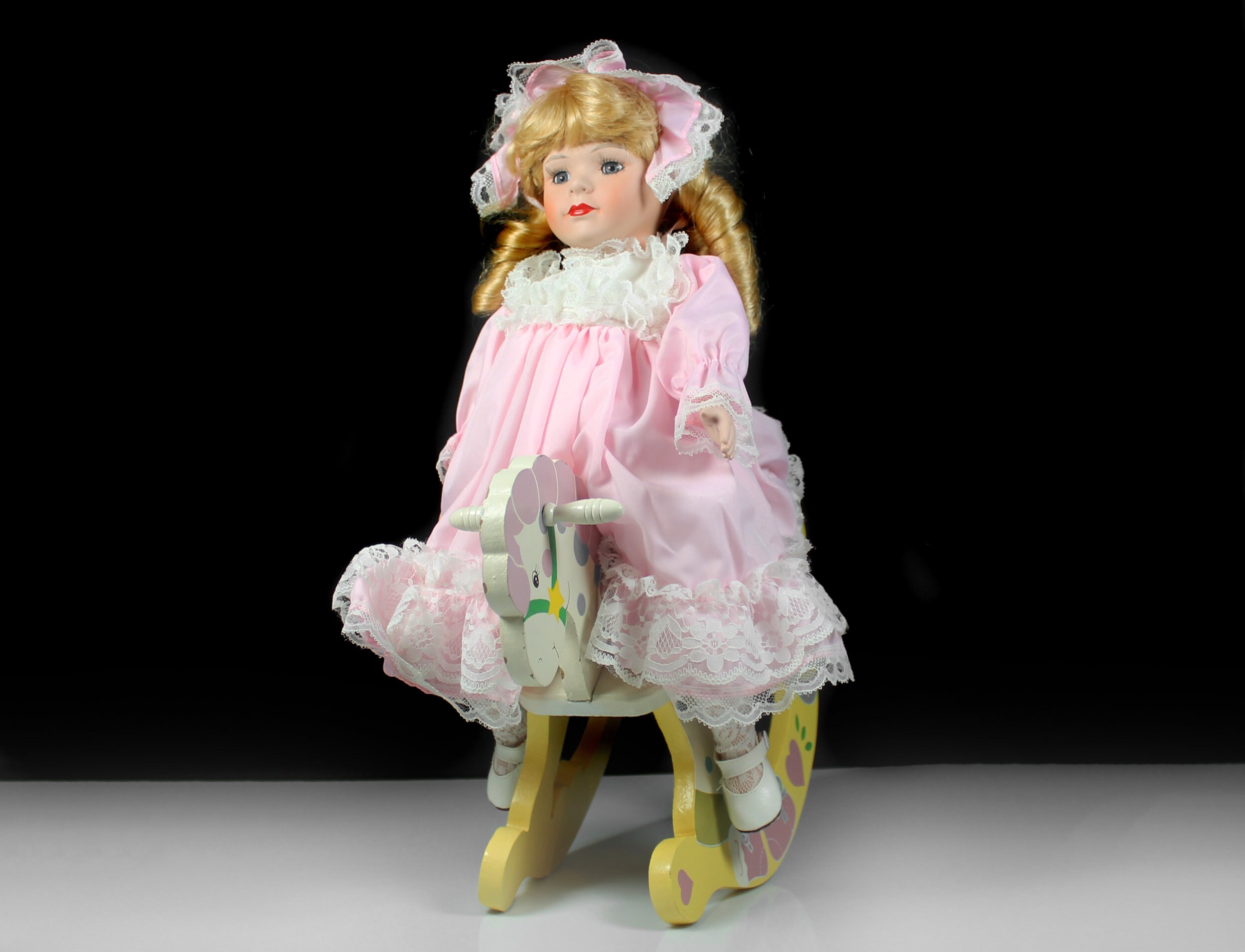 Porcelain Doll on Rocking Horse, 18inch Doll, Display Doll
