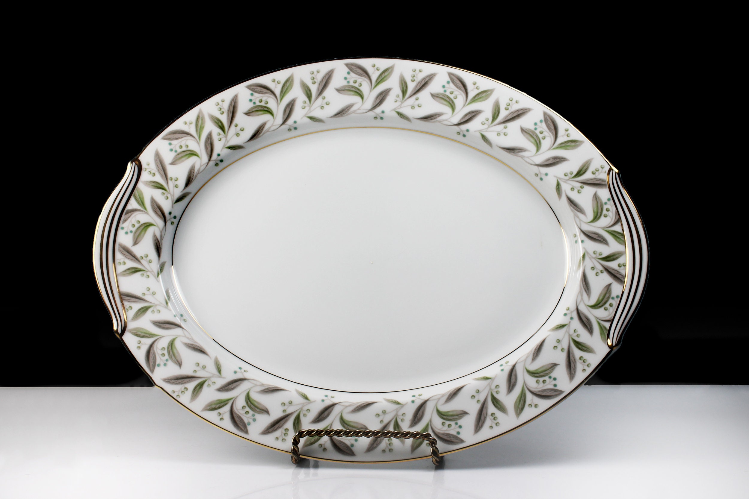 Noritake China Oval Platter, Carole, 13 Inch, Green and Gray Leaves