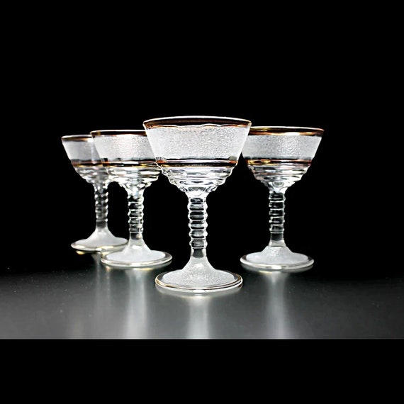 Frosted Cocktail Glasses, Federal Glass, Gold Trimmed, Wine Glasses, Set of 4, Barware