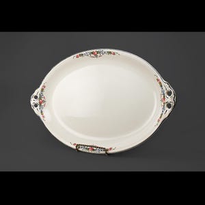 Bandeja floral de cerámica Canonsburg con asas, diseño de rosas rosas y guirnaldas azules de los años 30-50, plato para servir de 38 cm, fabricado en EE. UU.