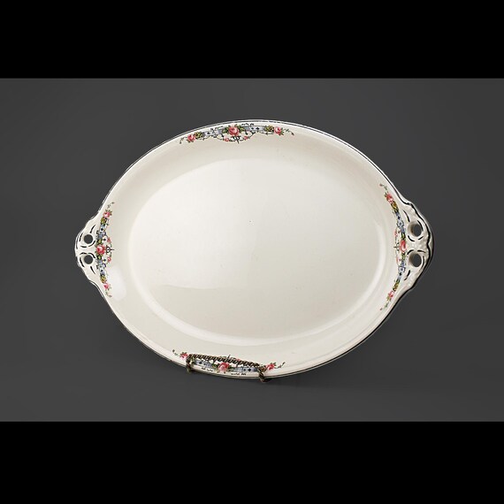 Canonsburg Pottery Floral Platter with Handles – 1930s-50s Pink Rose and Blue Garland Pattern – 15 Inch Serving Plate – Made in USA