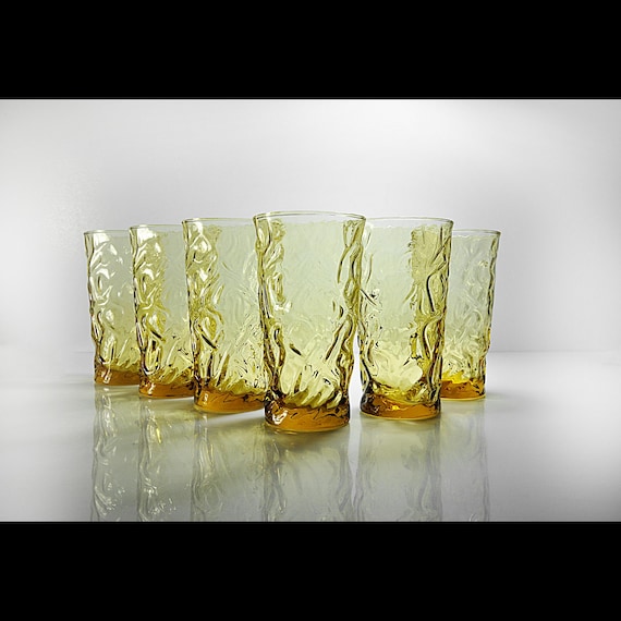 Libbey Glass Aztec Gold Tumblers - Set of 6 Mid-Century Modern 12 oz Textured Glasses - Amber/Gold Drinkware