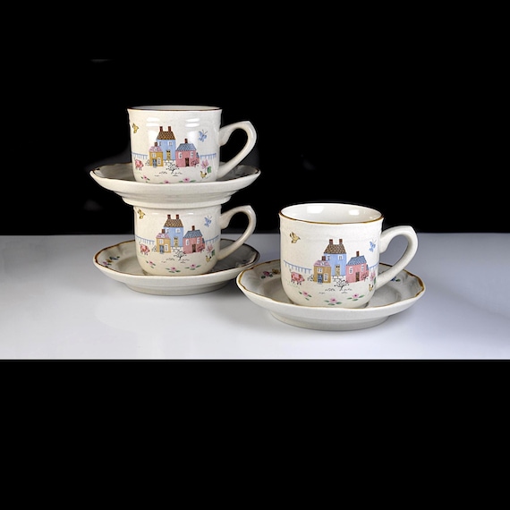 International Stoneware Japan Heartland Cups and Saucers, Set of 3