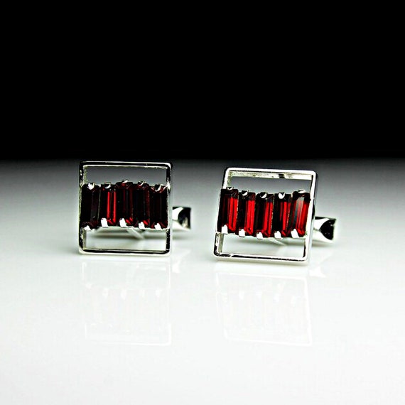 Square Cufflinks, Red Rhinestone, Silvertone, Men's Jewelry, Men's Gift