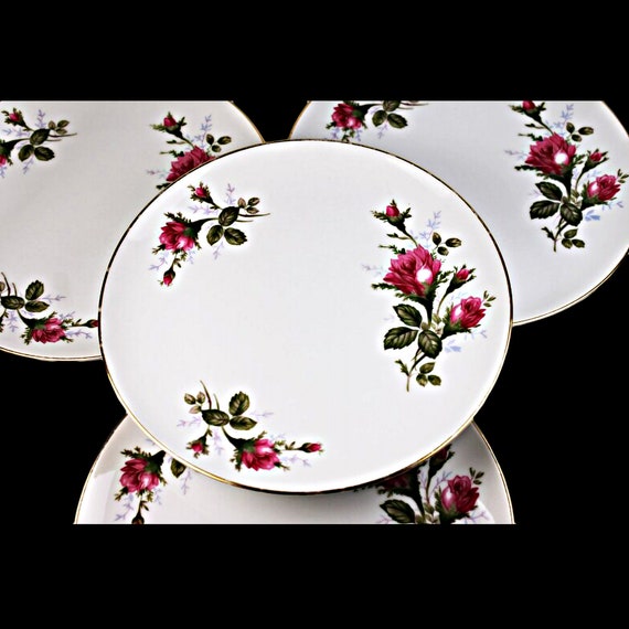 Salad Plates, Sango Japan, Moss Rose, Red Floral, Set of 4, Dinnerware