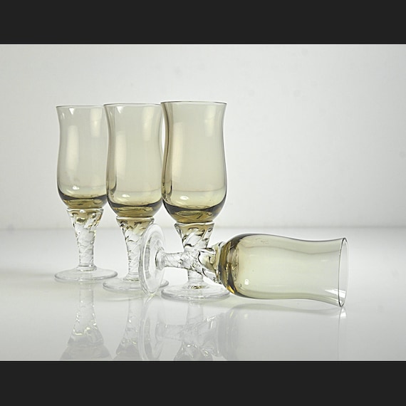 Hand Blown Cordial Glasses Twisted Stem Smoke Glass, 2 oz Liqueur Barware, Set of 4