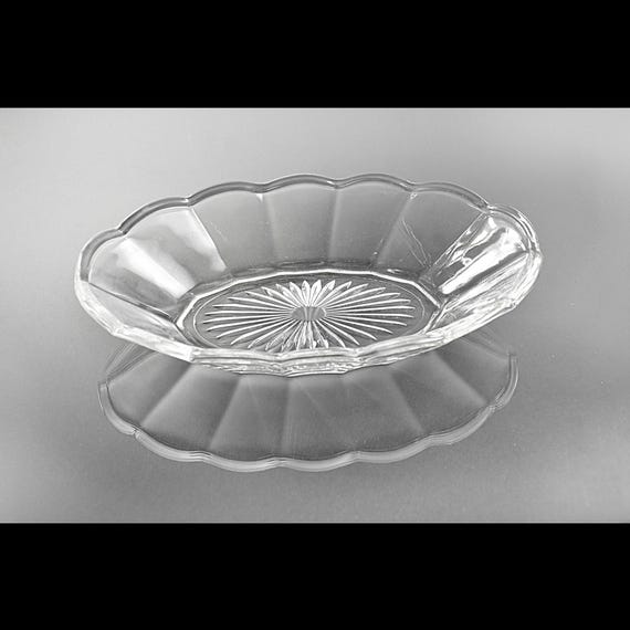 Vintage Clear Glass Relish Bowl, Oval Pickle Dish, Sunburst Base
