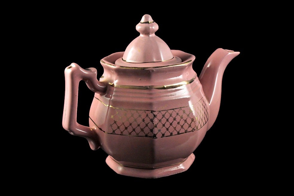 Miniature Teapot, Mauve Pink, Gold Gilt, One Cup, Hand Painted