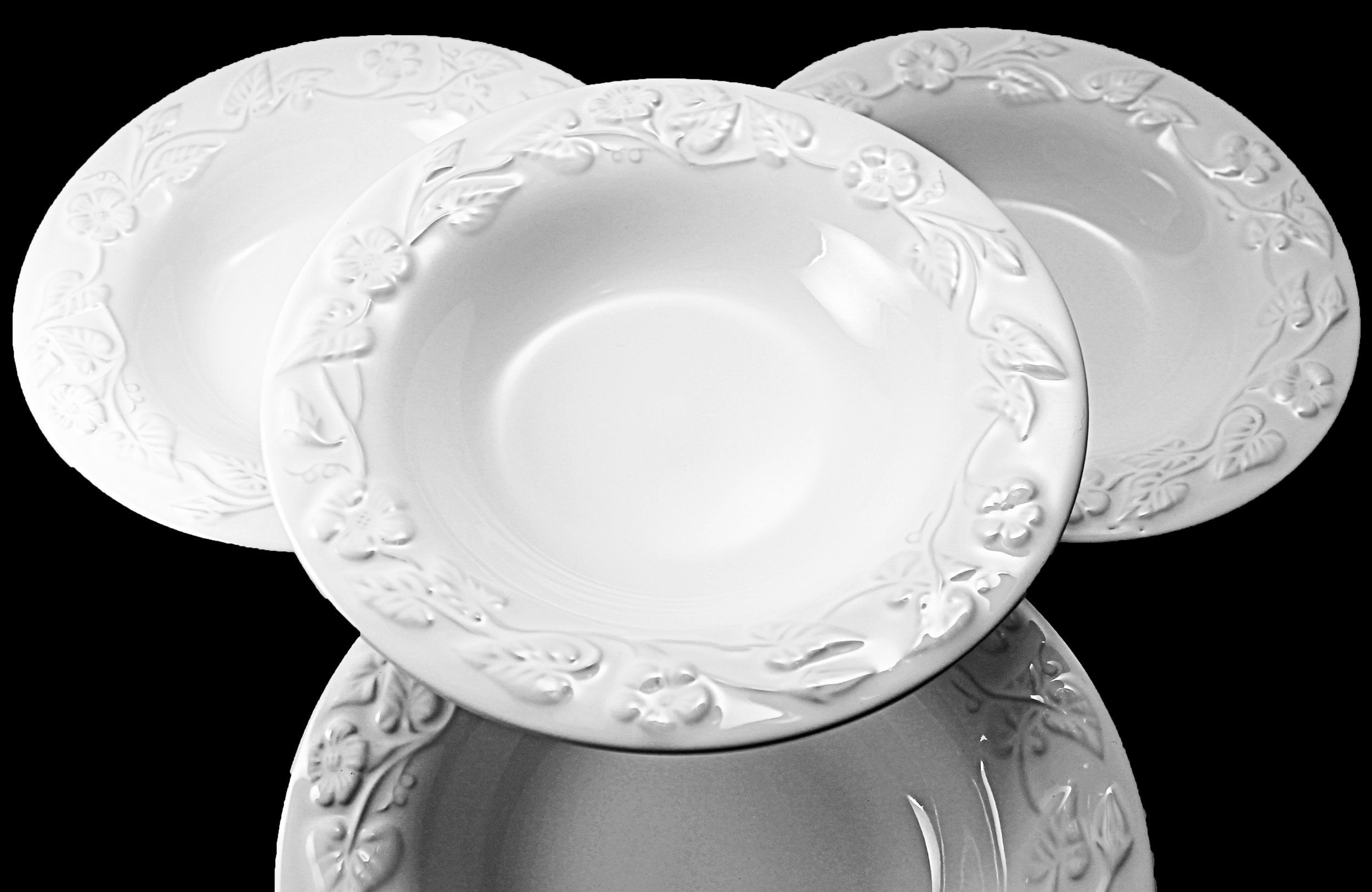 White Embossed Pasta Bowls, Portugal, Set of 4, Soup Bowls