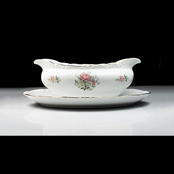 Gravy Boat, Crest Wood, Georgian Rose, Pink Floral, Attached Underplate