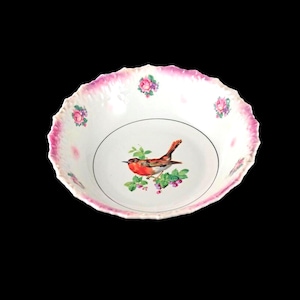Bavaria Bowl, Scalloped Edges, Bird Center, Floral Pattern, Pink Embossed Edging, Centerpiece, Porcelain
