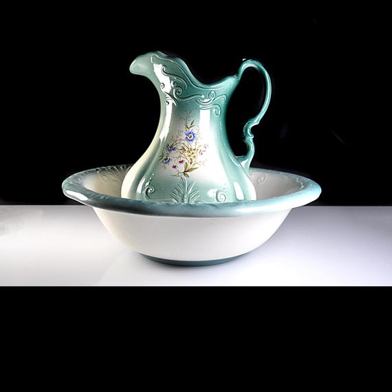 Vintage Ironstone Wash Bowl Pitcher Set, Aqua Green, England, Bathroom Decor Basin