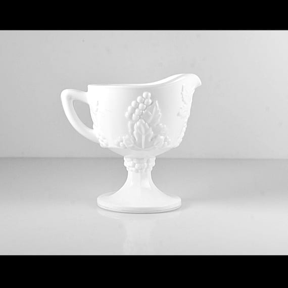 Colony Harvest Milk Glass Creamer – Grapevine Pattern Footed Cream Pitcher