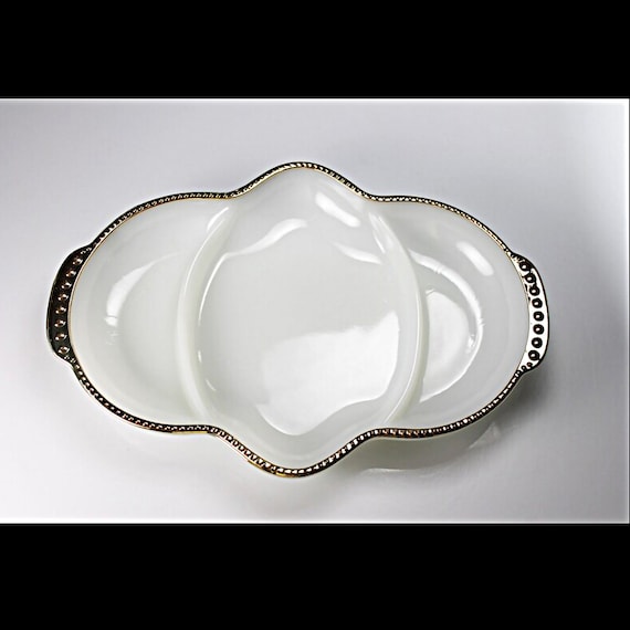 Fire King Divided Bowl, Anchor Hocking, Milk Glass, Three Section, Gold Trim, Serving Tray, Relish Tray